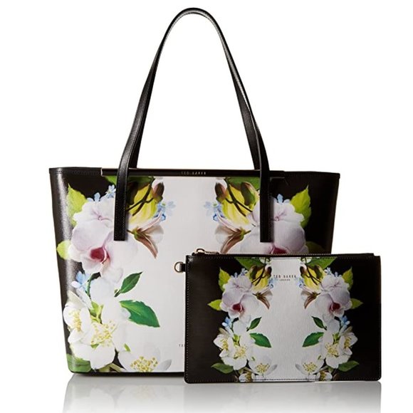 NWT Ted Baker London Leather Shopper Shoulder Tote Bag w/ Clutch Black Floral - Picture 2 of 9